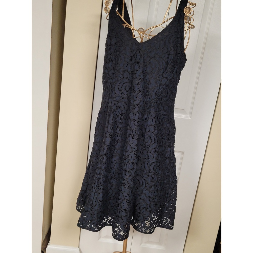 Loft Womens Navy/Black Whimsygoth Lace V-Neck Fit & Flare Cocktail Dress Size 10